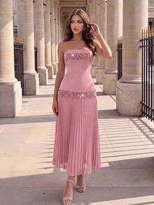 Poshira Women's Sequin Patchwork Pleated Hem Strapless Formal Gown - Dusty Pink - View 3