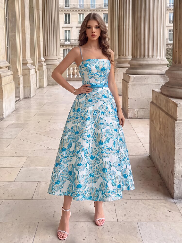 Poshira Women's Jacquard Knotted Waist Elegant Cinched Waist Cocktail Rehearsal Dinner Dress Wedding Spring - Navy Blue - View 1