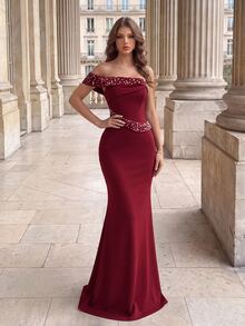 Poshira Women's Faux Pearl & Rhinestone Decor Elegant Fitted Cocktail Party Dress - Burgundy - View 1