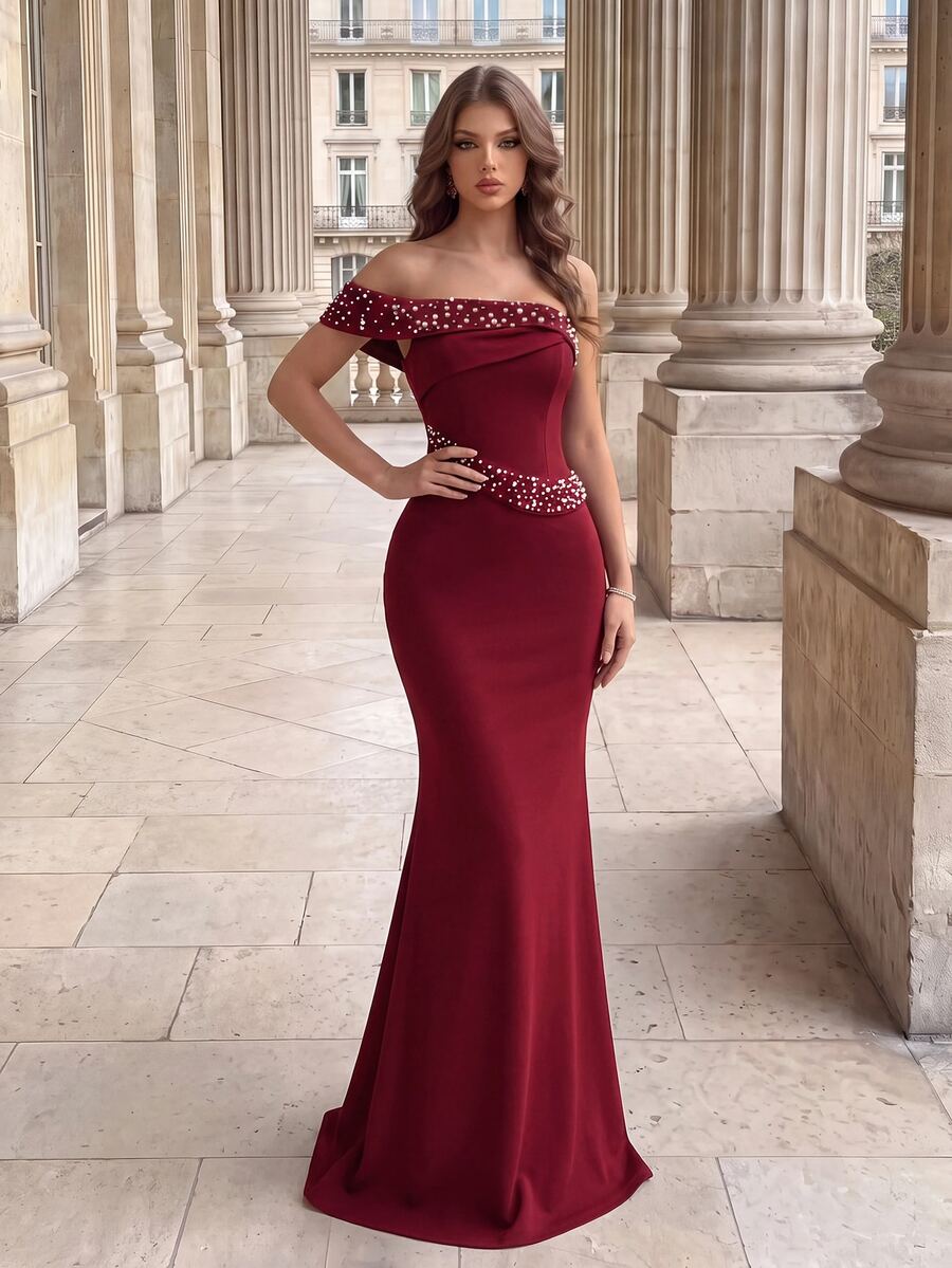 Poshira Women's Faux Pearl & Rhinestone Decor Elegant Fitted Cocktail Party Dress - Burgundy - View 1