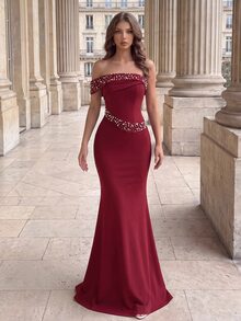 Poshira Women's Faux Pearl & Rhinestone Decor Elegant Fitted Cocktail Party Dress - Burgundy - View 4