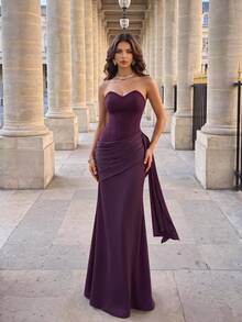 Poshira Women's Purple Mysterious Elegant Glossy Ribbon Decor Strapless Cocktail Dress - Red Violet - View 5
