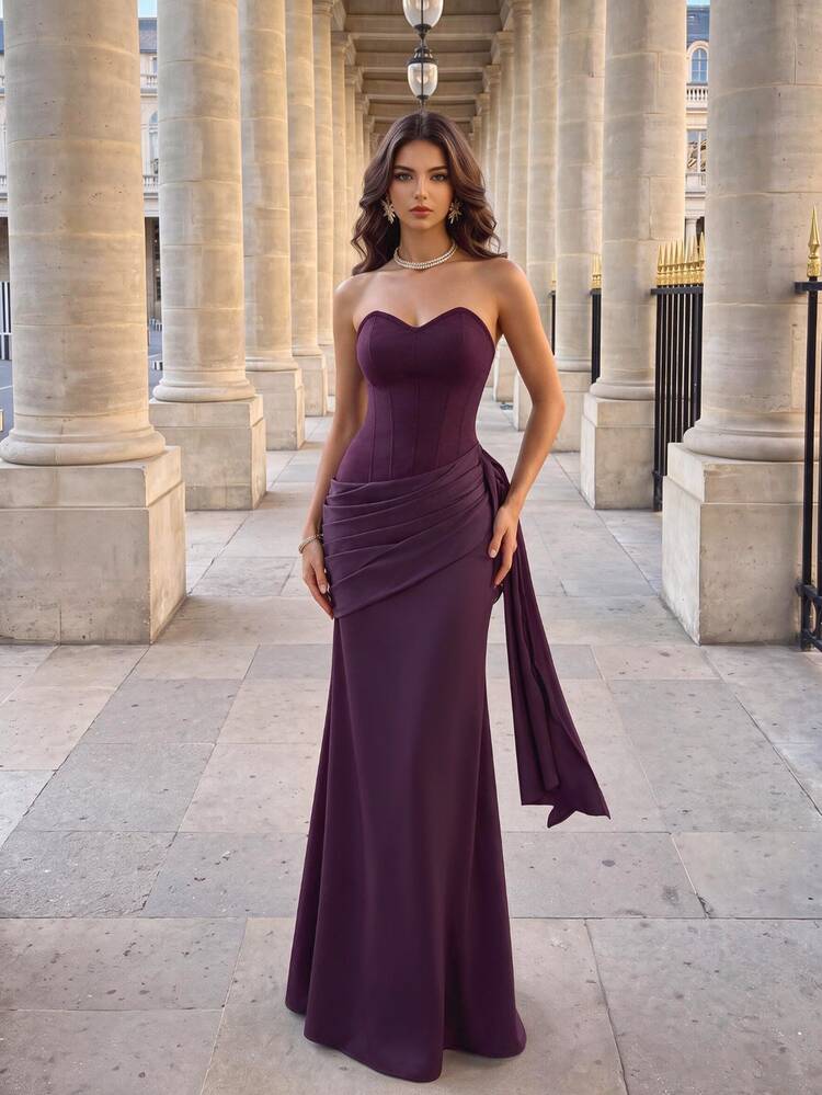 Poshira Women's Purple Mysterious Elegant Glossy Ribbon Decor Strapless Cocktail Dress - Red Violet - View 4