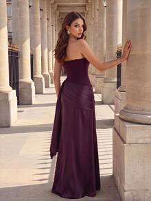 Poshira Women's Purple Mysterious Elegant Glossy Ribbon Decor Strapless Cocktail Dress - Red Violet - View 3