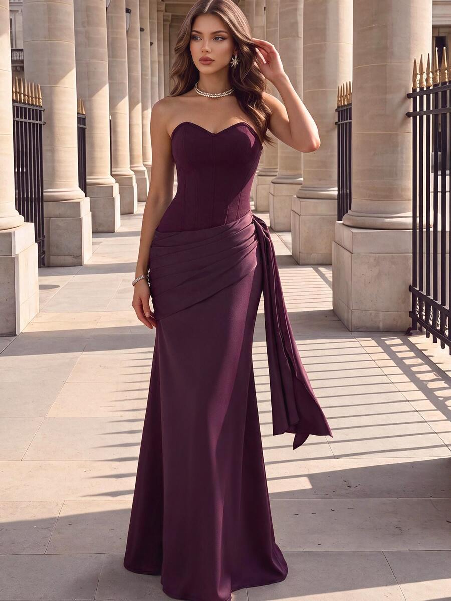 Poshira Women's Purple Mysterious Elegant Glossy Ribbon Decor Strapless Cocktail Dress