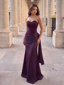 Poshira Women's Purple Mysterious Elegant Glossy Ribbon Decor Strapless Cocktail Dress - Red Violet - View 4