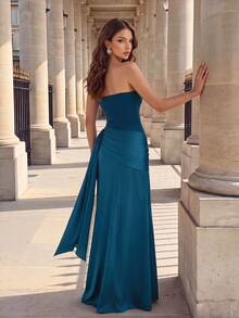 Poshira Women's Bandeau Waist Ribbon Design Elegant Evening Gown For Cocktail Party - Teal Blue - View 2