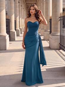 Poshira Women's Bandeau Waist Ribbon Design Elegant Evening Gown For Cocktail Party - Teal Blue - View 5