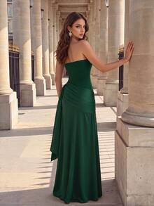 Poshira Women's Strapless Long Ruched Waist Elegant Cocktail Dress - Green - View 2