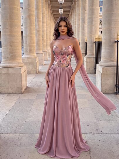 SHEIN Belle Women's Elegant Floral Print Formal Gown,Heavily Embellished Ruffle Flowy Design,Floral Lace Collar,Sleeveless High-End Evening Luxury Party Dress