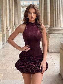 Poshira Women's Elegant 3D Floral Decor Sleeveless Mini Cocktail Party Dress - Burgundy - View 4
