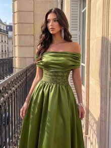 Poshira Women's Elegant Lace Patchwork Off-Shoulder Cocktail Dress,Olive Green Satin Ruffle Tea Length A-Line Evening Gown For Wedding Guest,Bridesmaid,Gala - Green - View 6