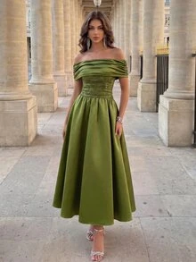 Poshira Women's Elegant Lace Patchwork Off-Shoulder Cocktail Dress,Olive Green Satin Ruffle Tea Length A-Line Evening Gown For Wedding Guest,Bridesmaid,Gala - Green - View 3