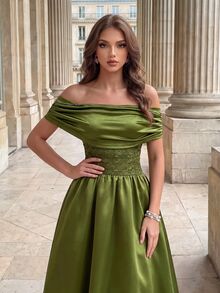 Poshira Women's Elegant Lace Patchwork Off-Shoulder Cocktail Dress,Olive Green Satin Ruffle Tea Length A-Line Evening Gown For Wedding Guest,Bridesmaid,Gala - Green - View 5