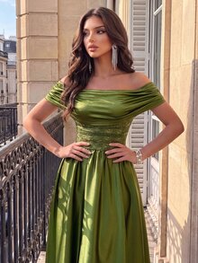 Poshira Women's Elegant Lace Patchwork Off-Shoulder Cocktail Dress,Olive Green Satin Ruffle Tea Length A-Line Evening Gown For Wedding Guest,Bridesmaid,Gala - Green - View 4