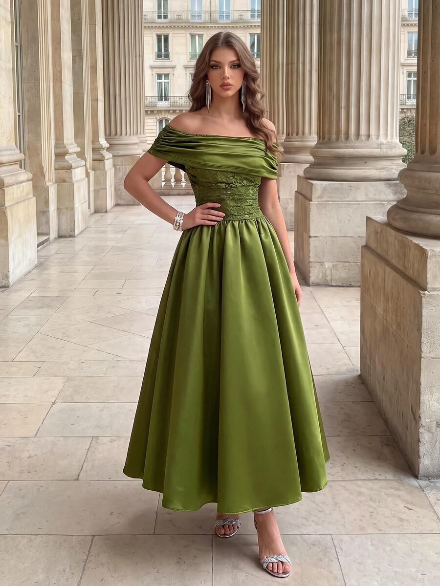 Poshira Women's Elegant Lace Patchwork Off-Shoulder Cocktail Dress,Olive Green Satin Ruffle Tea Length A-Line Evening Gown For Wedding Guest,Bridesmaid,Gala