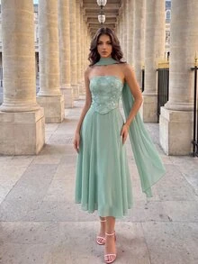 Poshira Vestido formal elegante de mujer con diseño de cinta con lentejuelas y flores - Verde - Ver 6