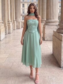 Poshira Vestido formal elegante de mujer con diseño de cinta con lentejuelas y flores - Verde - Ver 4