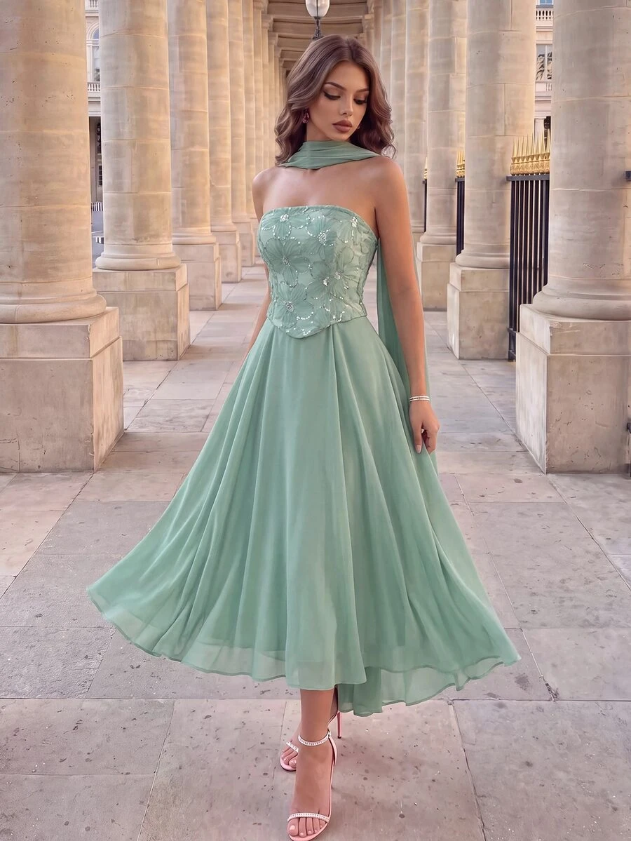 Poshira Vestido formal elegante de mujer con diseño de cinta con lentejuelas y flores