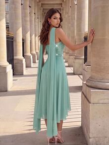 Poshira Vestido formal elegante de mujer con diseño de cinta con lentejuelas y flores - Verde - Ver 3
