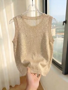 SHEIN Franclia 2026新款女款閃耀香檳色針織背心上衣－圓領、羅紋袖口細節、短版剪裁，復古休閒優雅90年代魅力，約會穿搭 - 卡其色 - 查看 3