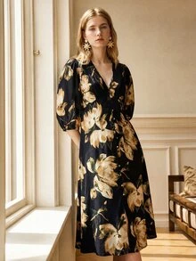 Écloséra French Romantic Black Floral Bubble Mid-Sleeve Slit Mid-Length V-Neck Dress - Black - View 5