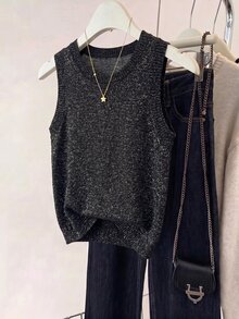 SHEIN Franclia 2026 女款閃亮黑銀針織背心上衣，圓領羅紋袖口設計，短版剪裁，復古休閒優雅 90 年代風格，適合夏季夜晚外出 - 黑色 - 查看 7