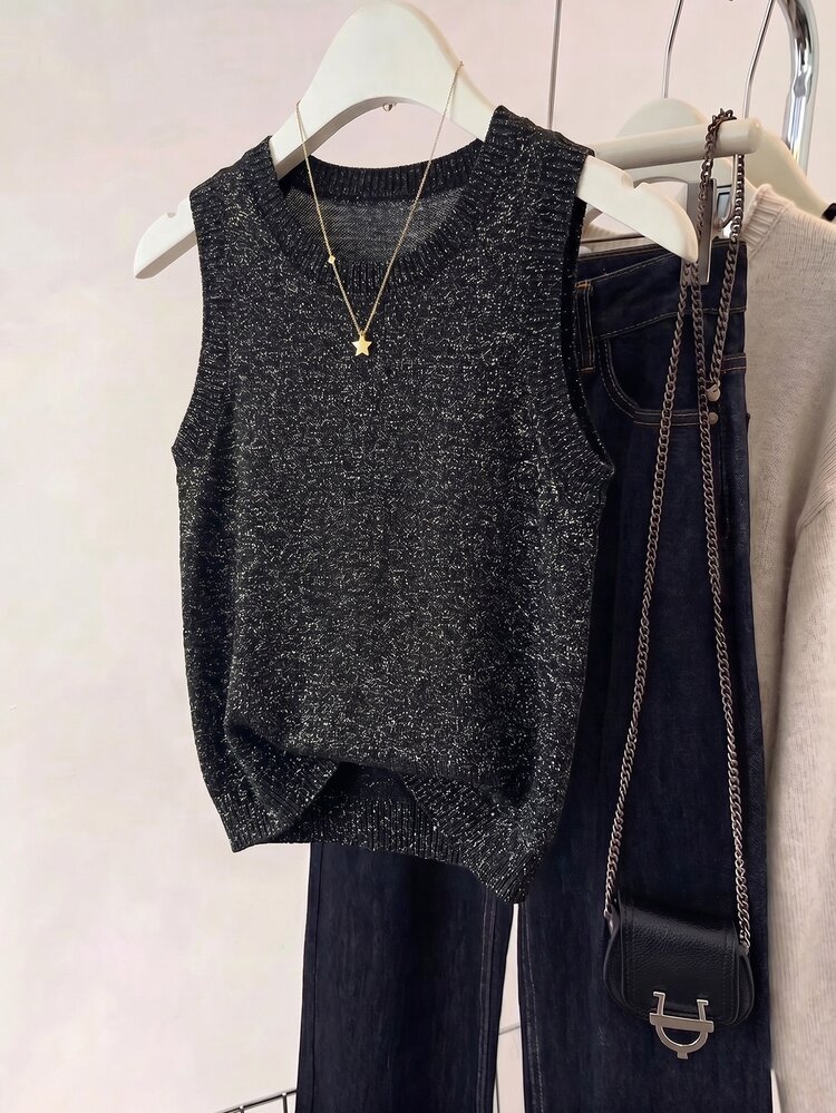 SHEIN Franclia 2026 Women's Shimmering Black And Silver Knit Tank Top-Round Neck Ribbed Armhole Detail Cropped Silhouette Retro Casual Elegant 90s Night Out Summer - Black - View 6