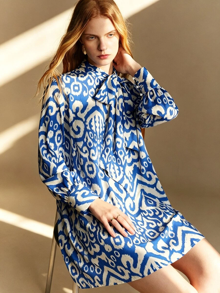 Écloséra Tall Women Bow Tie Collar Long Sleeve Mini Shirt Dress, Blue And White Geometric Print Loose Shift Dress, Teachers' Day Office Work Autumn French Elegant - Blue and White - View 1