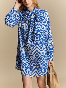 Écloséra Tall Women Bow Tie Collar Long Sleeve Mini Shirt Dress, Blue And White Geometric Print Loose Shift Dress, Teachers' Day Office Work Autumn French Elegant - Blue and White - View 4