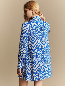Écloséra Tall Women Bow Tie Collar Long Sleeve Mini Shirt Dress, Blue And White Geometric Print Loose Shift Dress, Teachers' Day Office Work Autumn French Elegant - Blue and White - View 6