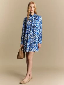 Écloséra Tall Women Bow Tie Collar Long Sleeve Mini Shirt Dress, Blue And White Geometric Print Loose Shift Dress, Teachers' Day Office Work Autumn French Elegant - Blue and White - View 3