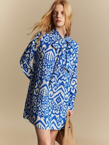 Écloséra Tall Women Bow Tie Collar Long Sleeve Mini Shirt Dress, Blue And White Geometric Print Loose Shift Dress, Teachers' Day Office Work Autumn French Elegant - Blue and White - View 5