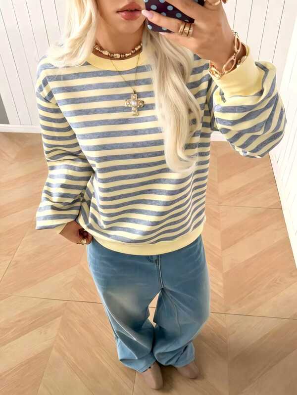 Teen Girls Casual Minimalist Loose Comfortable Long Sleeve Crew Neck Sweatshirt, Thickened Thermal Lined, Suitable For Autumn/Winter