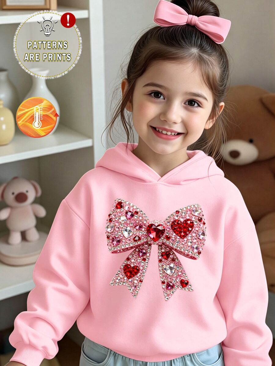 SHEIN (1件) 秋冬少女休閒清新簡約粉色鑽石蝴蝶結圖案基礎連帽衛衣上衣 - 粉色 - 查看 1
