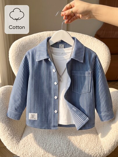 SHEIN Young Boys Cotton Blend Striped Shirt Long Sleeve Tops With Pocket, Casual Autumn School Washed Button Down Casual Tops