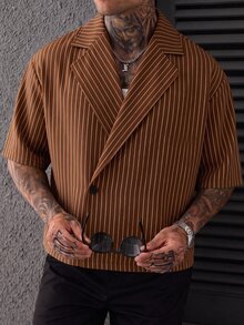 SLATEMANN 男士休閒商務條紋鈕扣短袖襯衫 - 棕色 - 查看 3