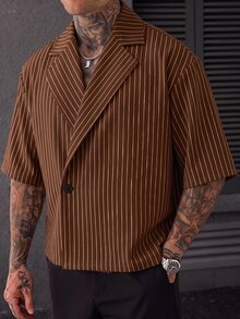 SLATEMANN 男士休閒商務條紋鈕扣短袖襯衫 - 棕色 - 查看 6
