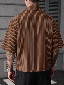 SLATEMANN 男士休閒商務條紋鈕扣短袖襯衫 - 棕色 - 查看 2
