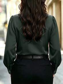 Velvienne Plus Size Elegant Long Sleeve Button-Up Blouse With Ruffle Trim For Women - Army Green - View 2