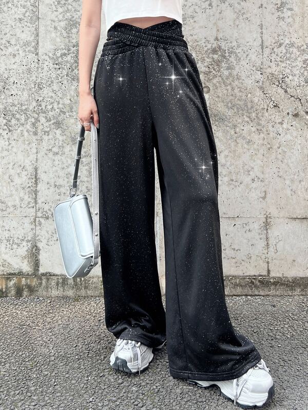 FRIFUL Women's Solid Color Cross Waist Wide Leg Loose Pants