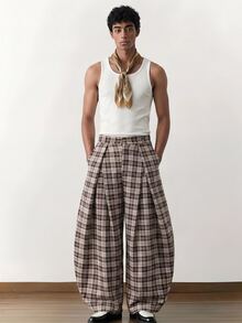 NORVETH Men's Plaid Pattern All-Over Print Loose Fashion Long Pants Summer - Brown - View 8