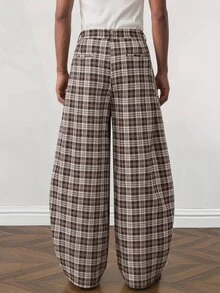 NORVETH Men's Plaid Pattern All-Over Print Loose Fashion Long Pants Summer - Brown - View 3