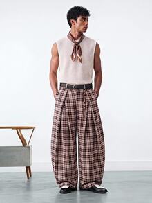 NORVETH Men's Plaid Pattern All-Over Print Loose Fashion Long Pants Summer - Brown - View 1