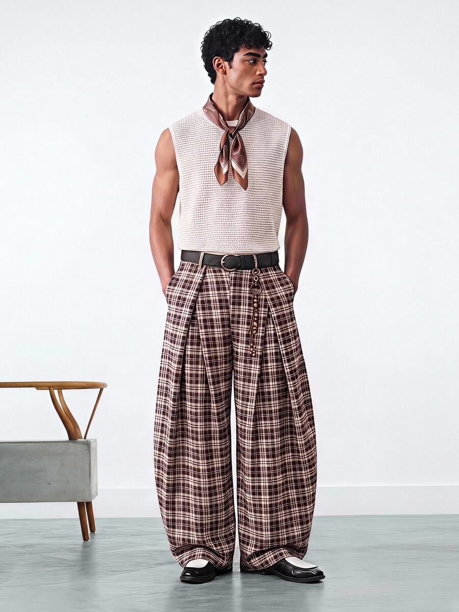 NORVETH Men's Plaid Pattern All-Over Print Loose Fashion Long Pants Summer - Brown - View 1