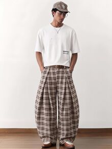 NORVETH Men's Plaid Pattern All-Over Print Loose Fashion Long Pants Summer - Brown - View 6