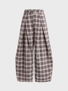 NORVETH Men's Plaid Pattern All-Over Print Loose Fashion Long Pants Summer - Brown - View 2