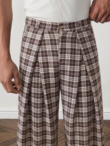 NORVETH Men's Plaid Pattern All-Over Print Loose Fashion Long Pants Summer - Brown - View 7