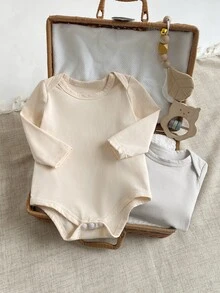 SHEIN 新生兒純色圓領長袖連身睡衣 - 彩色 - 查看 4