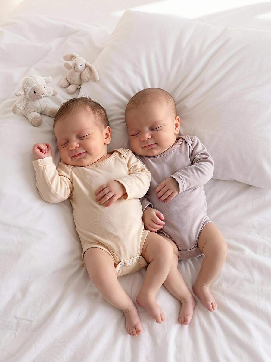 SHEIN Newborn Baby Solid Color Round Neck Long Sleeve Romper Pajamas - Multicolor - View 1